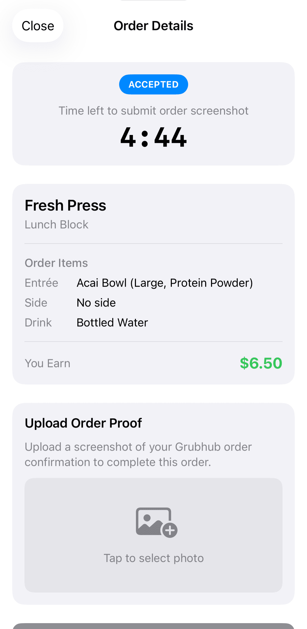 Block Market app, the seller view